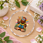 Funny Bigfoot Peace Sign Retro Hippie Glass Ornament - Material: Circle Glass Ornament