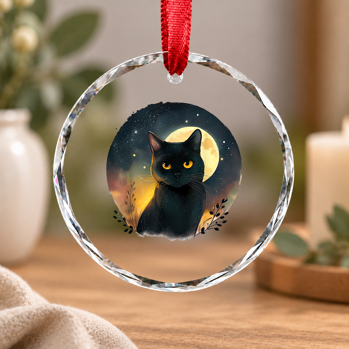 Funny Black Cat Lover Graphic Style Glass Ornament - Material: Circle Glass Ornament