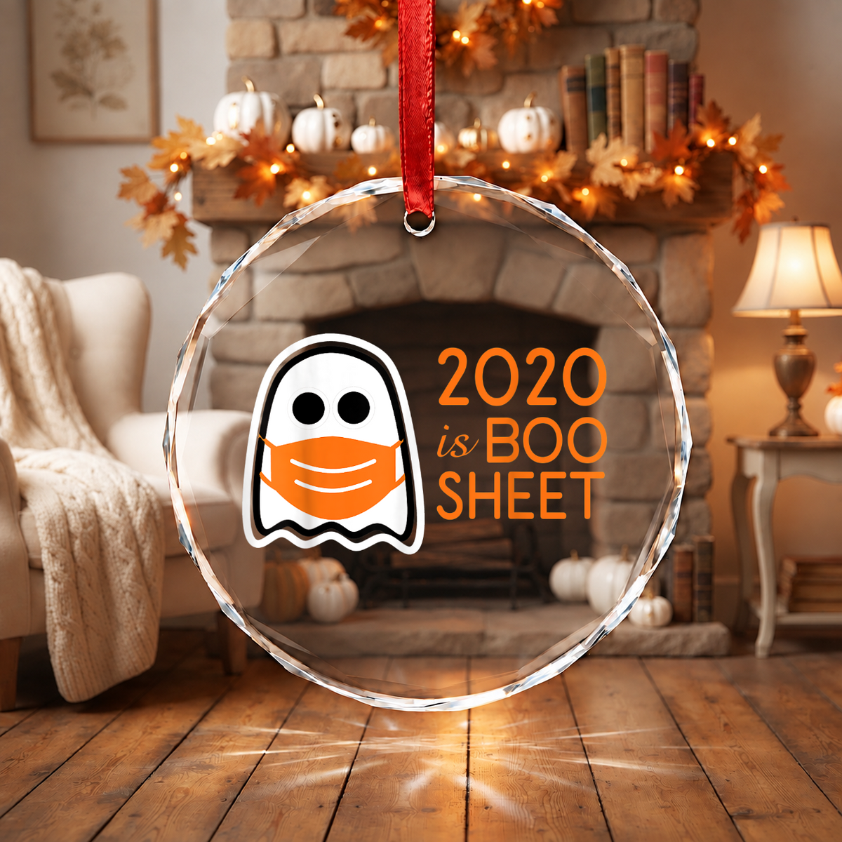 Funny Boo Sheet Ghost Halloween Ornament for Seasonal Decor Glass Ornament - Material: Circle Glass Ornament