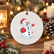 Funny Bowling Snowman Christmas Glass Ornament - Material: Circle Ceramic Ornament