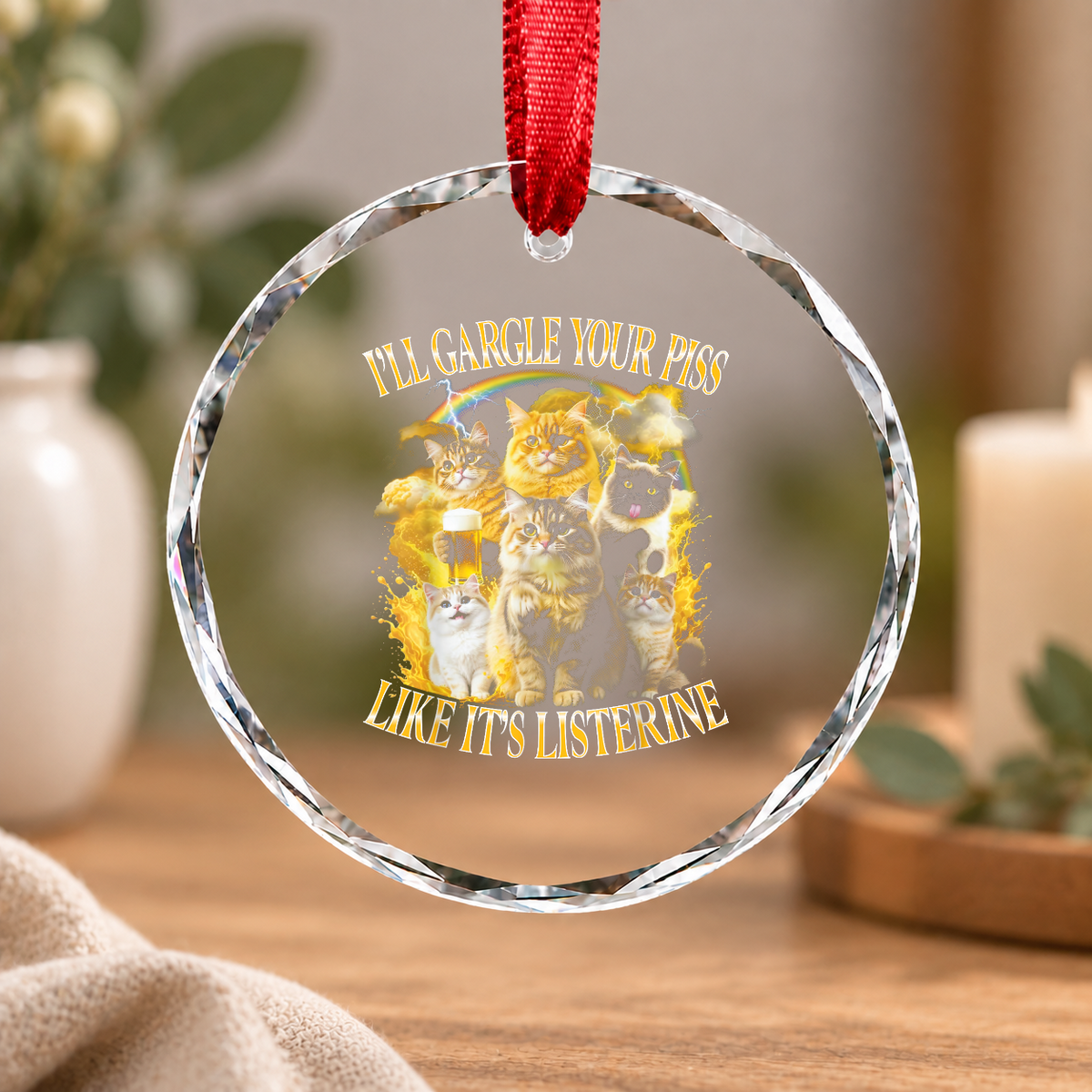 Funny Cat Girls Trip Celebration Glass Ornament - Material: Circle Glass Ornament