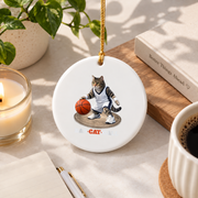 Funny Cat Playing Basketball Sports Glass Ornament - Material: Circle Ceramic Ornament