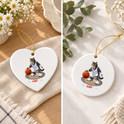 Funny Cat Playing Basketball Sports Glass Ornament - Material: Heart Ceramic Ornament