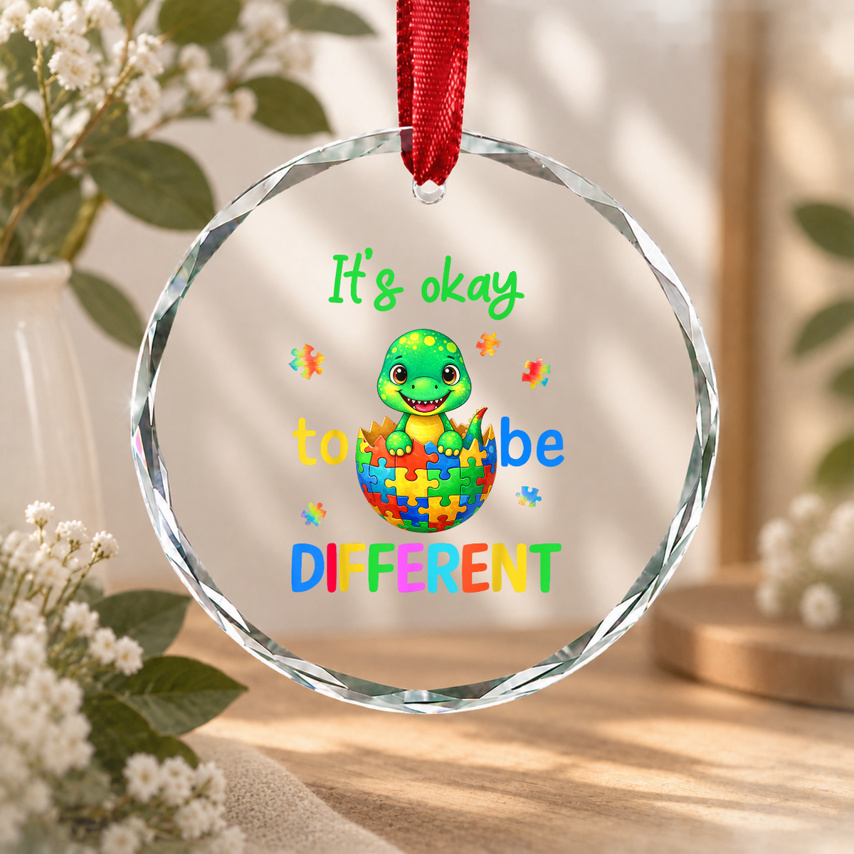 Funny Dinosaur Autism Awareness Ornament Glass Ornament - Material: Circle Glass Ornament