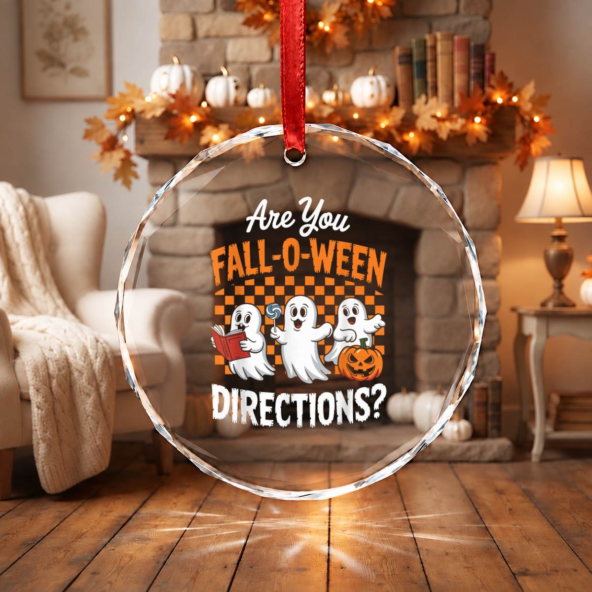 Funny Fall O Ween Teacher Ghost Ornament Glass Ornament - Material: Circle Glass Ornament