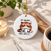 Funny Grumpy Cat Quote Animal Lover Glass Ornament - Material: Circle Ceramic Ornament