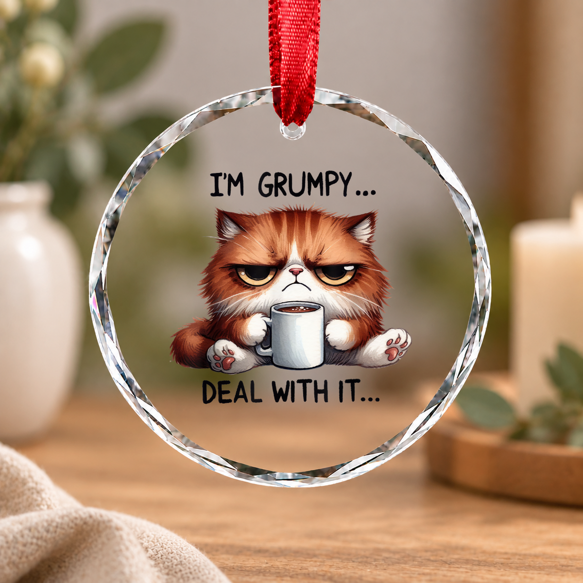 Funny Grumpy Cat Quote Animal Lover Glass Ornament - Material: Circle Glass Ornament