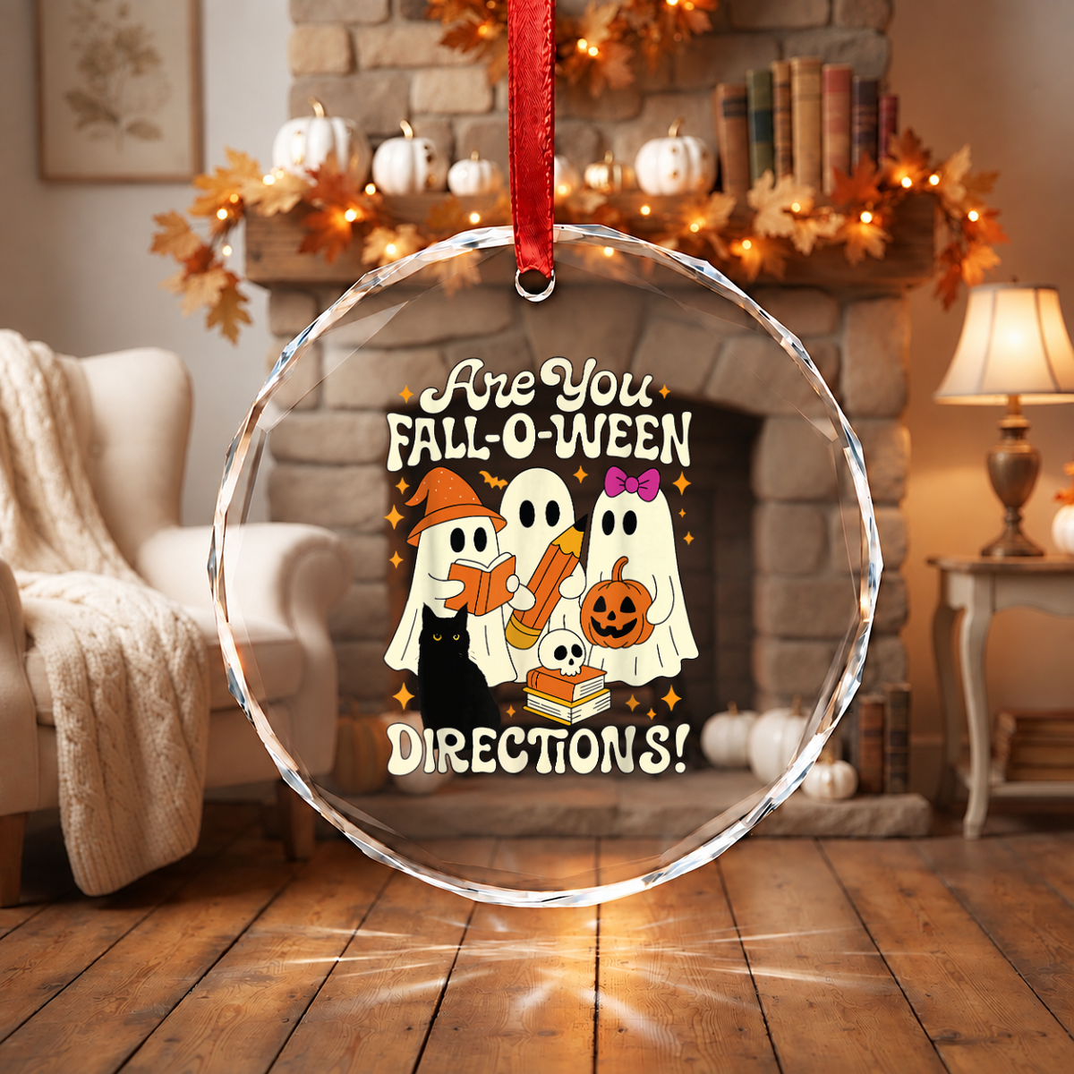 Funny Halloween Ghost Teacher Ornament with Seasonal Theme Glass Ornament - Material: Circle Glass Ornament