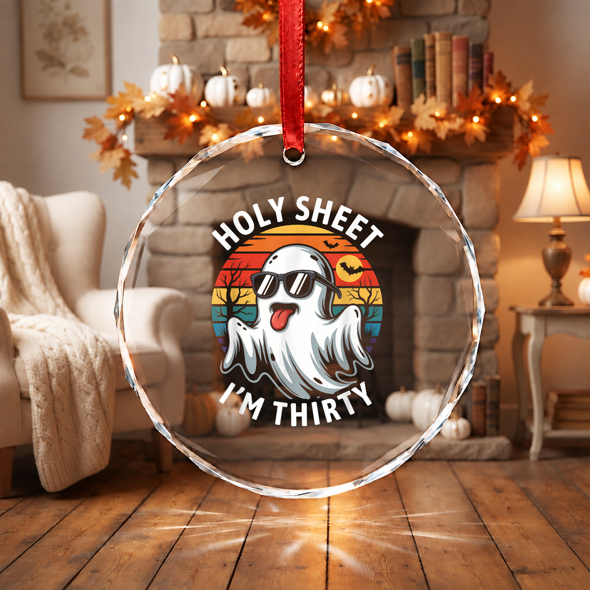Funny Thirty Birthday Ghost Halloween Ornament for Celebration Glass Ornament - Material: Circle Glass Ornament