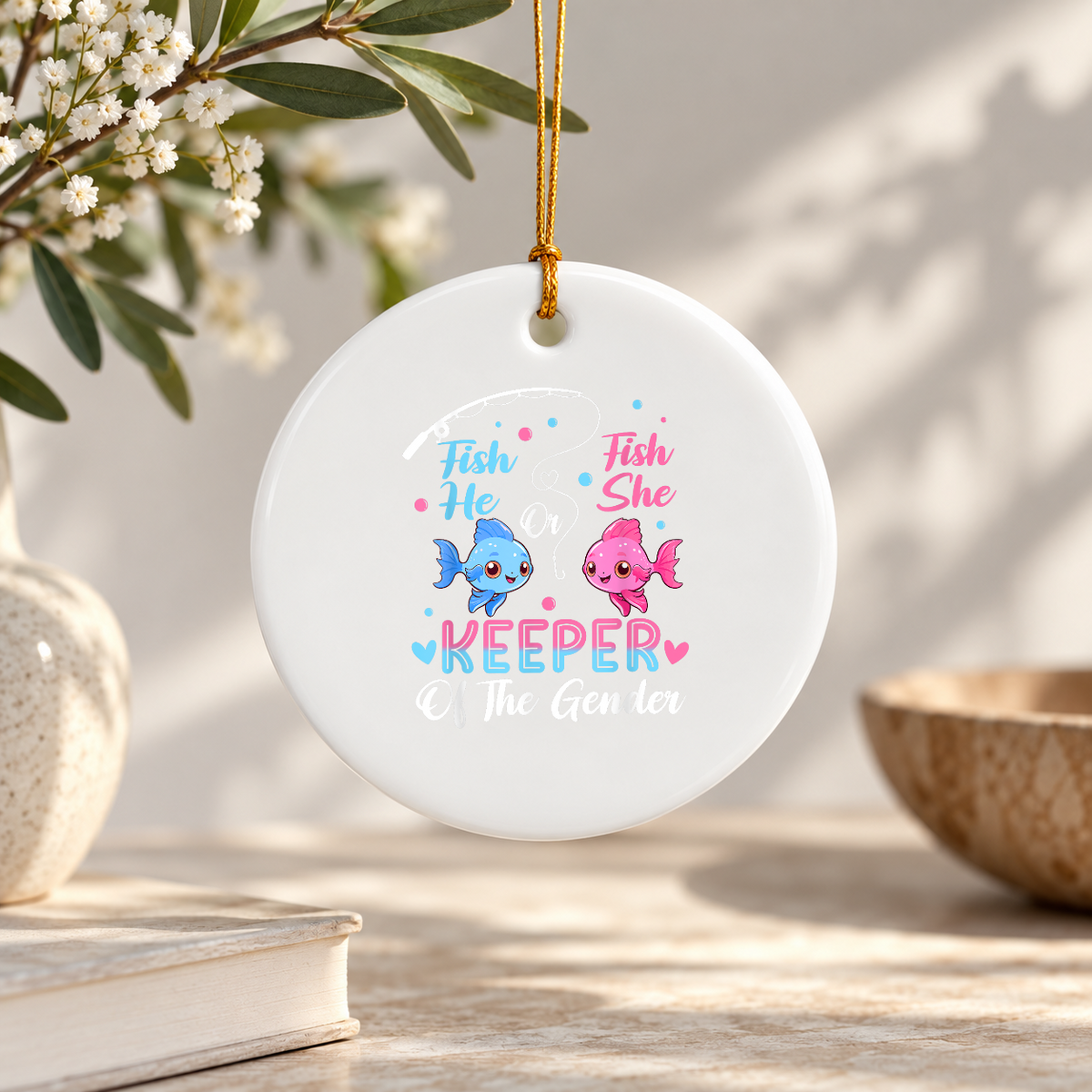 Gender Reveal Fish Baby Shower Keepsake Ceramic Ornament - Material: Circle Ceramic Ornament