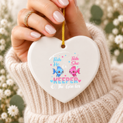 Gender Reveal Fish Baby Shower Keepsake Ceramic Ornament - Material: Heart Ceramic Ornament