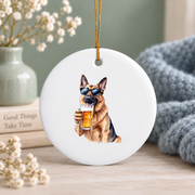 German Shepherd Beer Lover Dad Gift Glass Ornament - Material: Circle Ceramic Ornament