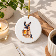 German Shepherd Beer Lover Dad Gift Glass Ornament - Material: Circle Ceramic Ornament