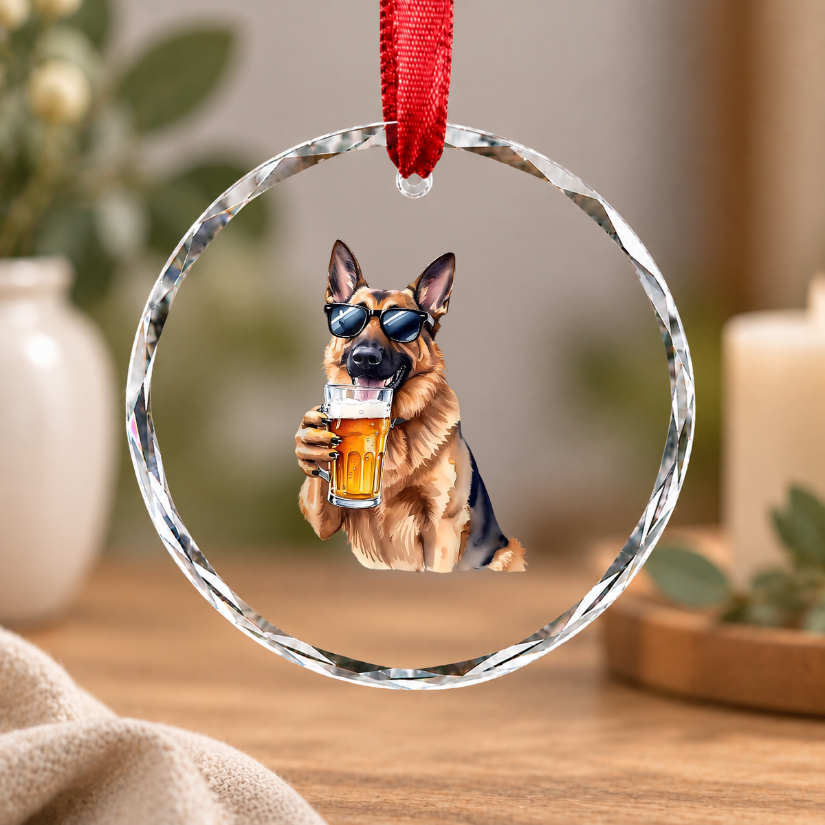 German Shepherd Beer Lover Dad Gift Glass Ornament - Material: Circle Glass Ornament