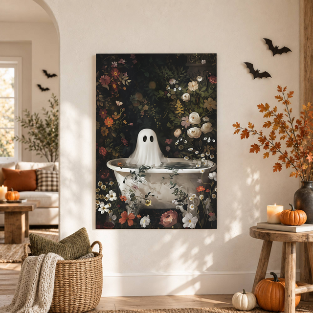 Ghost Bathtub Flower Forest Print Dark Academia Halloween Vintage Gothic Wall Art Decor - Format: Unframed Paper Poster
