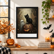 Ghost Black Cat Autumn Forest Pumpkin Print Halloween Witchy Dark Academia Wall Art - Format: Black Framed Poster