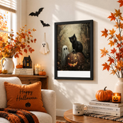 Ghost Black Cat Autumn Forest Pumpkin Print Halloween Witchy Dark Academia Wall Art - Format: Black Framed Poster