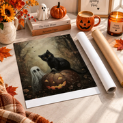 Ghost Black Cat Autumn Forest Pumpkin Print Halloween Witchy Dark Academia Wall Art - Format: Rolled Canvas