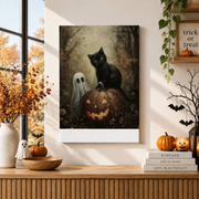 Ghost Black Cat Autumn Forest Pumpkin Print Halloween Witchy Dark Academia Wall Art - Format: Stretched Canvas