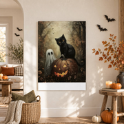 Ghost Black Cat Autumn Forest Pumpkin Print Halloween Witchy Dark Academia Wall Art - Format: Unframed Paper Poster