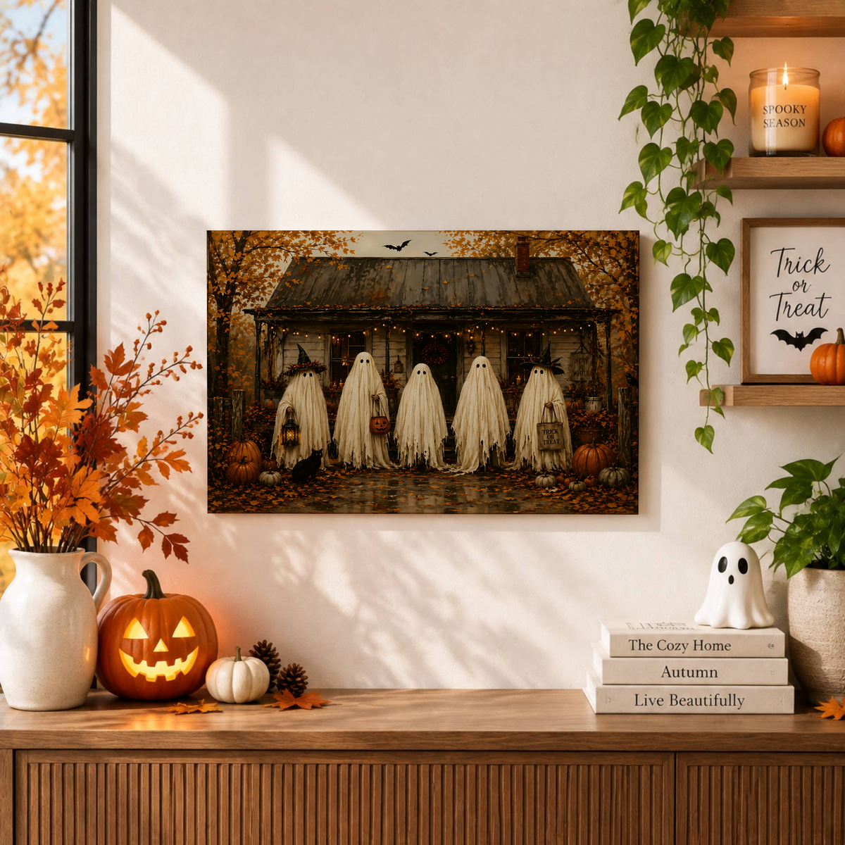 Ghost Family Halloween Wall Art Print Rustic Farmhouse Autumn Seasonal Decor - Format: Unframed Paper Poster