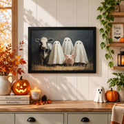 Ghost Farm Animals Print Rustic Halloween Wall Art Cow Pig Country Decor Poster - Format: Black Framed Poster