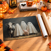 Ghost Farm Animals Print Rustic Halloween Wall Art Cow Pig Country Decor Poster - Format: Rolled Canvas