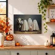Ghost Farm Animals Print Rustic Halloween Wall Art Cow Pig Country Decor Poster - Format: Stretched Canvas