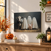 Ghost Farm Animals Print Rustic Halloween Wall Art Cow Pig Country Decor Poster - Format: Stretched Canvas