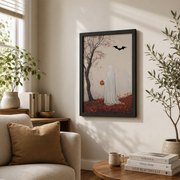 Ghost Holding Pumpkin Fall Wall Art Autumn Print with Bats and Leaves Spooky Cozy Seasonal Decor - Format: Black Framed Poster