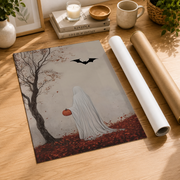 Ghost Holding Pumpkin Fall Wall Art Autumn Print with Bats and Leaves Spooky Cozy Seasonal Decor - Format: Rolled Canvas