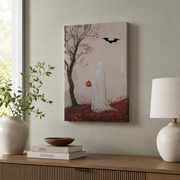 Ghost Holding Pumpkin Fall Wall Art Autumn Print with Bats and Leaves Spooky Cozy Seasonal Decor - Format: Stretched Canvas