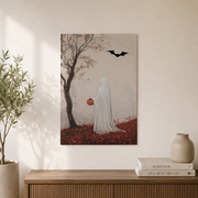 Ghost Holding Pumpkin Fall Wall Art Autumn Print with Bats and Leaves Spooky Cozy Seasonal Decor - Format: Unframed Paper Poster