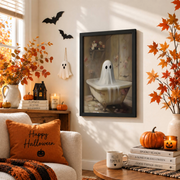 Ghost In Bathtub Halloween Print Spooky Bubble Bath Whimsigoth Bathroom Wall Art Decor - Format: Black Framed Poster