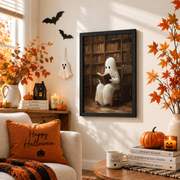 Ghost Reading Book Print Vintage Halloween Poster Dark Academia Gothic Victorian Wall Art - Format: Black Framed Poster