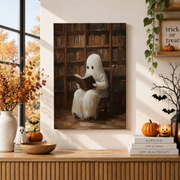 Ghost Reading Book Print Vintage Halloween Poster Dark Academia Gothic Victorian Wall Art - Format: Stretched Canvas