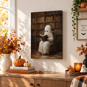 Ghost Reading Book Print Vintage Halloween Poster Dark Academia Gothic Victorian Wall Art - Format: Stretched Canvas