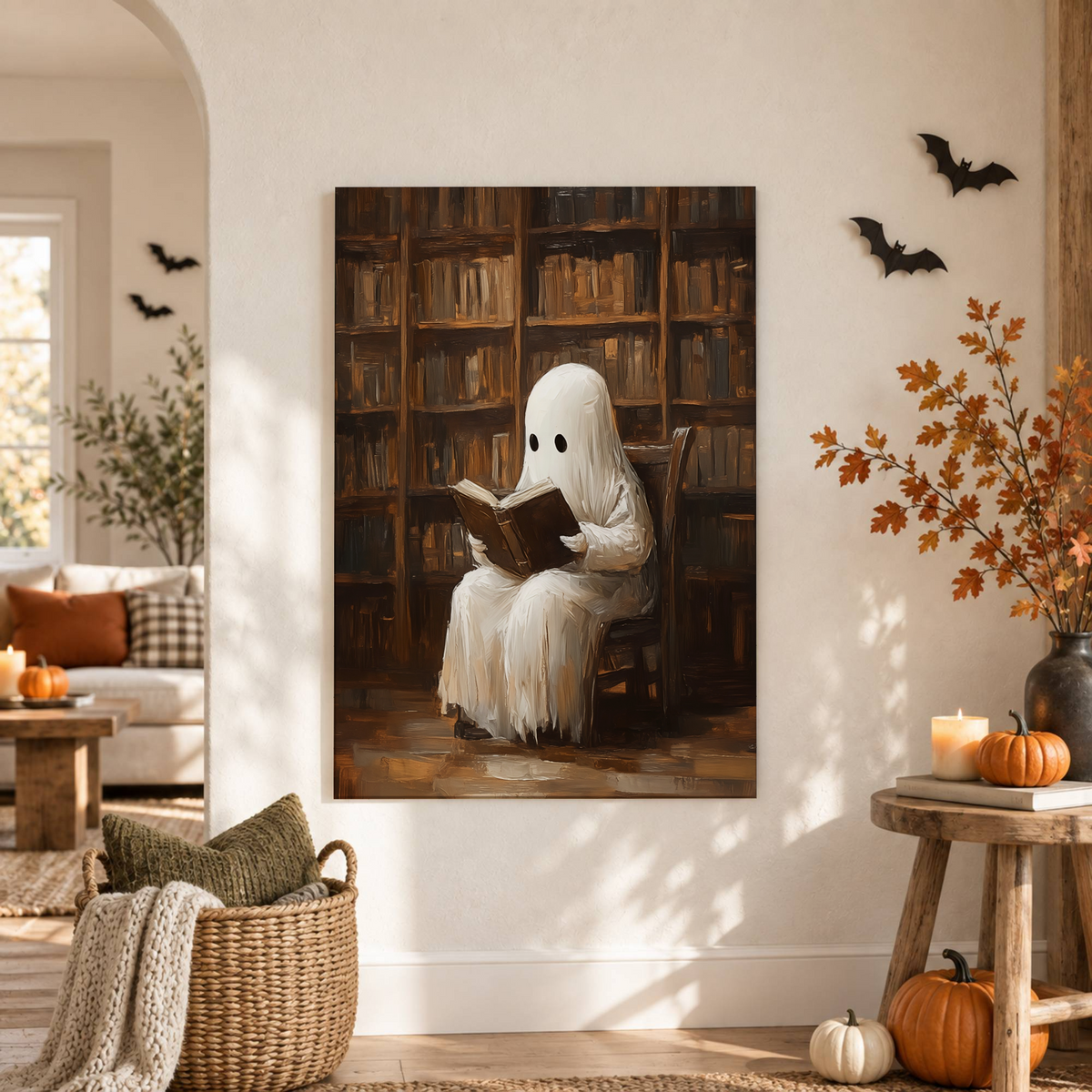 Ghost Reading Book Print Vintage Halloween Poster Dark Academia Gothic Victorian Wall Art - Format: Unframed Paper Poster