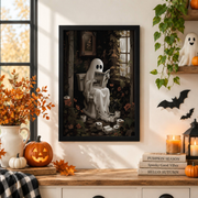 Ghost Reading Newspaper On Toilet Print Dark Academia Halloween Bathroom Wall Art Poster - Format: Black Framed Poster