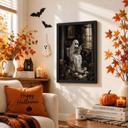Ghost Reading Newspaper On Toilet Print Dark Academia Halloween Bathroom Wall Art Poster - Format: Black Framed Poster