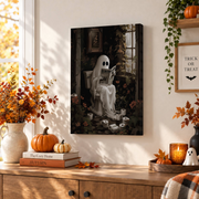 Ghost Reading Newspaper On Toilet Print Dark Academia Halloween Bathroom Wall Art Poster - Format: Stretched Canvas