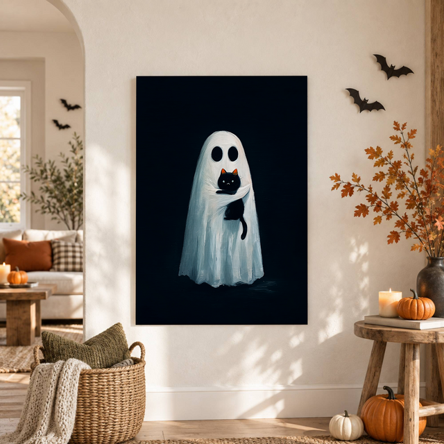 Ghost With Black Cat Vintage Halloween Poster Gothic Autumn Dark Academia Wall Decor - Format: Unframed Paper Poster