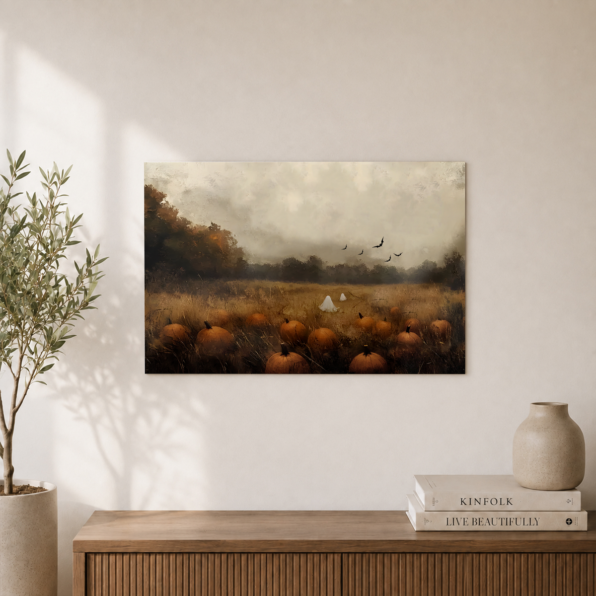 Ghostly Pumpkin Field Wall Art Spooky Autumn Landscape with Bats Rustic Haunted Fall Decor - Format: Unframed Paper Poster