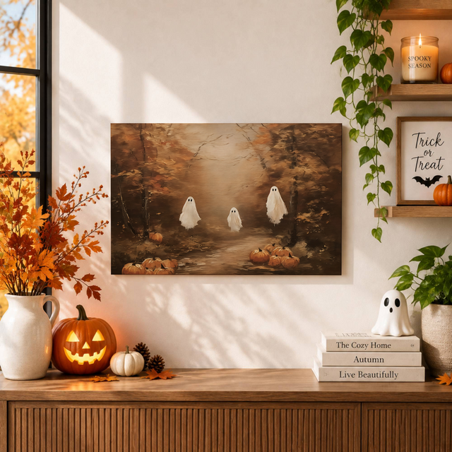 Ghosts Fall Landscape Print Cute Spooky Rustic Farmhouse Halloween Wall Art Decor - Format: Unframed Paper Poster