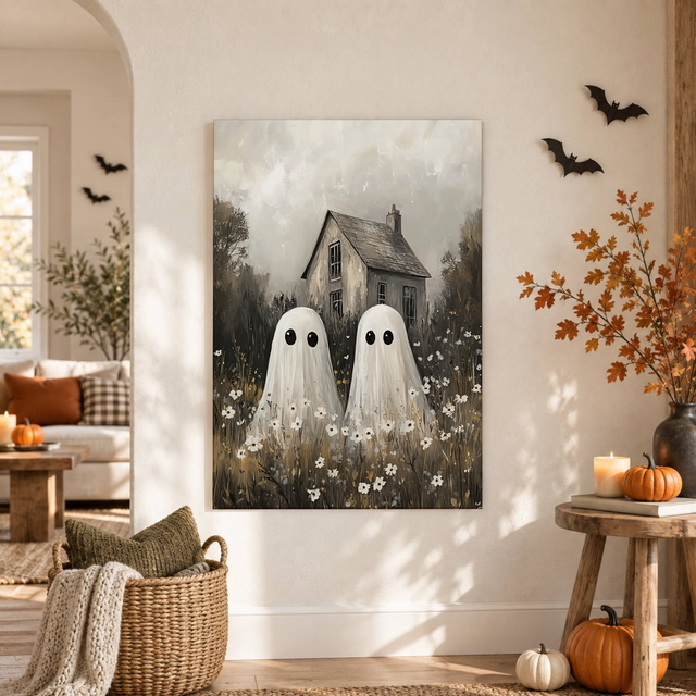 Ghosts In Field Halloween Print Spooky Vintage Wall Art Seasonal Decor Poster - Format: Unframed Paper Poster