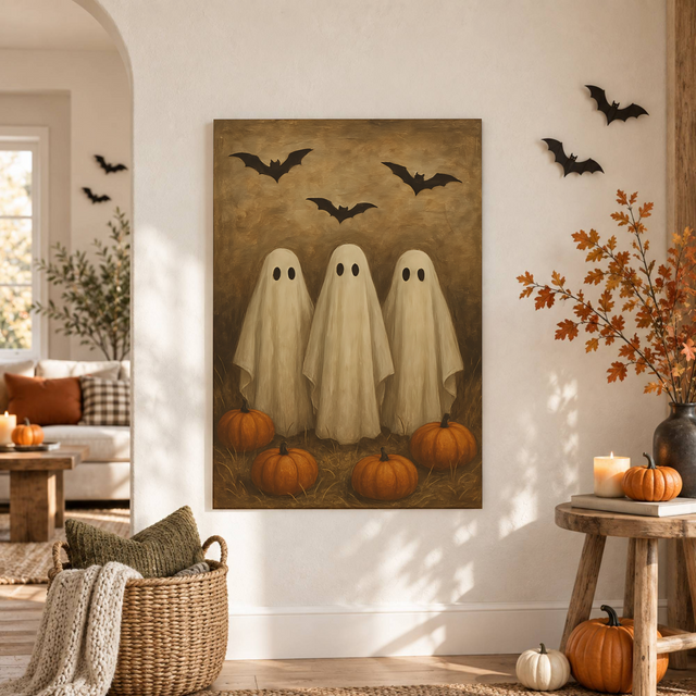 Ghosts With Pumpkins Halloween Print Spooky Autumn Fall Wall Art Vintage Decor Poster - Format: Unframed Paper Poster
