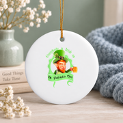 Gnome Beer St Patrick's Day Gift Glass Ornament - Material: Circle Ceramic Ornament