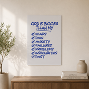 God Is Bigger Christian Wall Art, Blue Minimal Bible Verse Poster - Format: Unframed Paper Poster