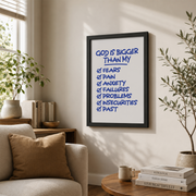 God Is Bigger Christian Wall Art Blue Minimalist Bible Verse Poster Retro Scripture Wall Art Inspiring Affirmation Poster Print Home Decor Wall Art, Modern Wall Decor, 12x18 UNFRAMED - Format: Black Framed Poster