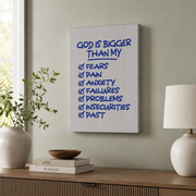 God Is Bigger Christian Wall Art Blue Minimalist Bible Verse Poster Retro Scripture Wall Art Inspiring Affirmation Poster Print Home Decor Wall Art, Modern Wall Decor, 12x18 UNFRAMED - Format: Stretched Canvas